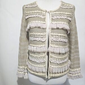 Chicos Open Knit Tan Cardigan Ruffle Mixed Textures Size Small Long Sleeves